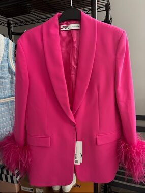 Zara Fuchsia Feather-Cuff Tailored Blazer